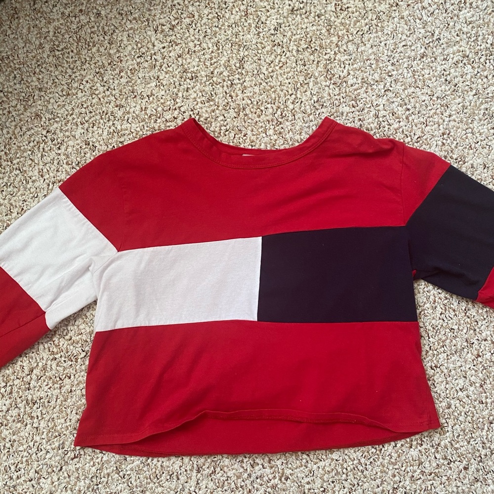Red, white and navy long sleeve tee